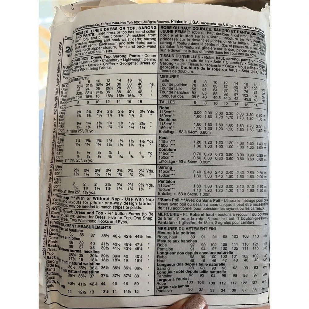 McCalls 2081 Sewing Pattern Dress Top Lined Pants Sarong Skirt 90s Size 14 UNCUT